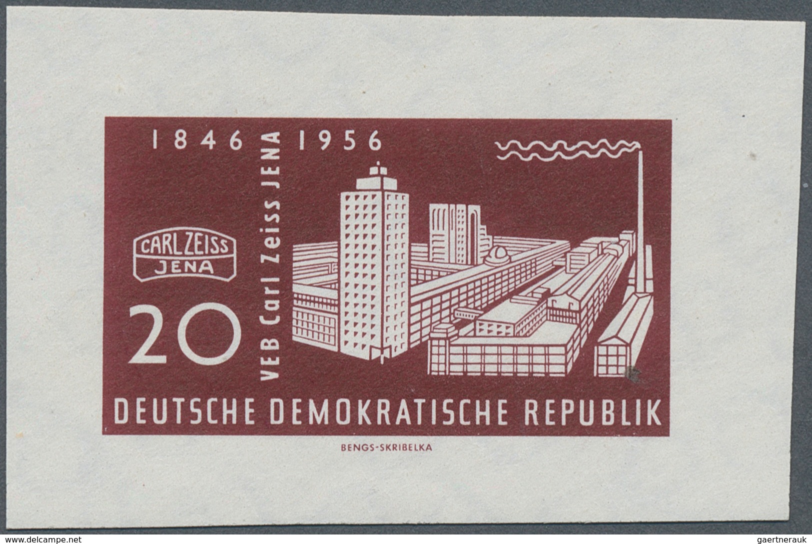 DDR: 1956, Carl-Zeiss-Werke Jena, 20 Pfg. Dunkelkarminbraun Als Ungezähnter Probedruck Auf Gummierte - Autres & Non Classés