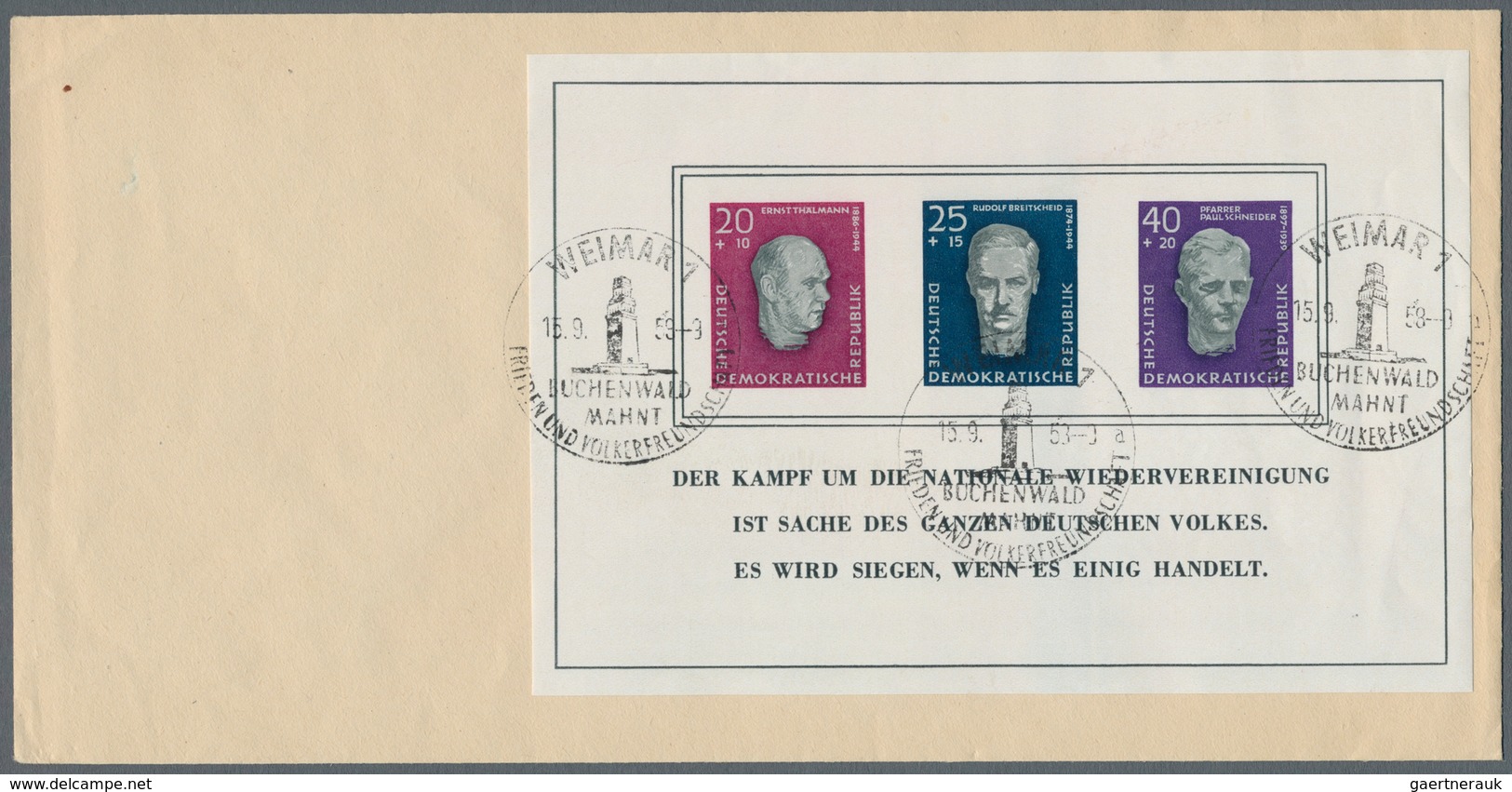 DDR: 1958, Buchenwald-Block Auf Unbeschriftetem Blanko-FDC Mit ESST "WEIMAR 15.9.58", Minimste Knitt - Sonstige & Ohne Zuordnung