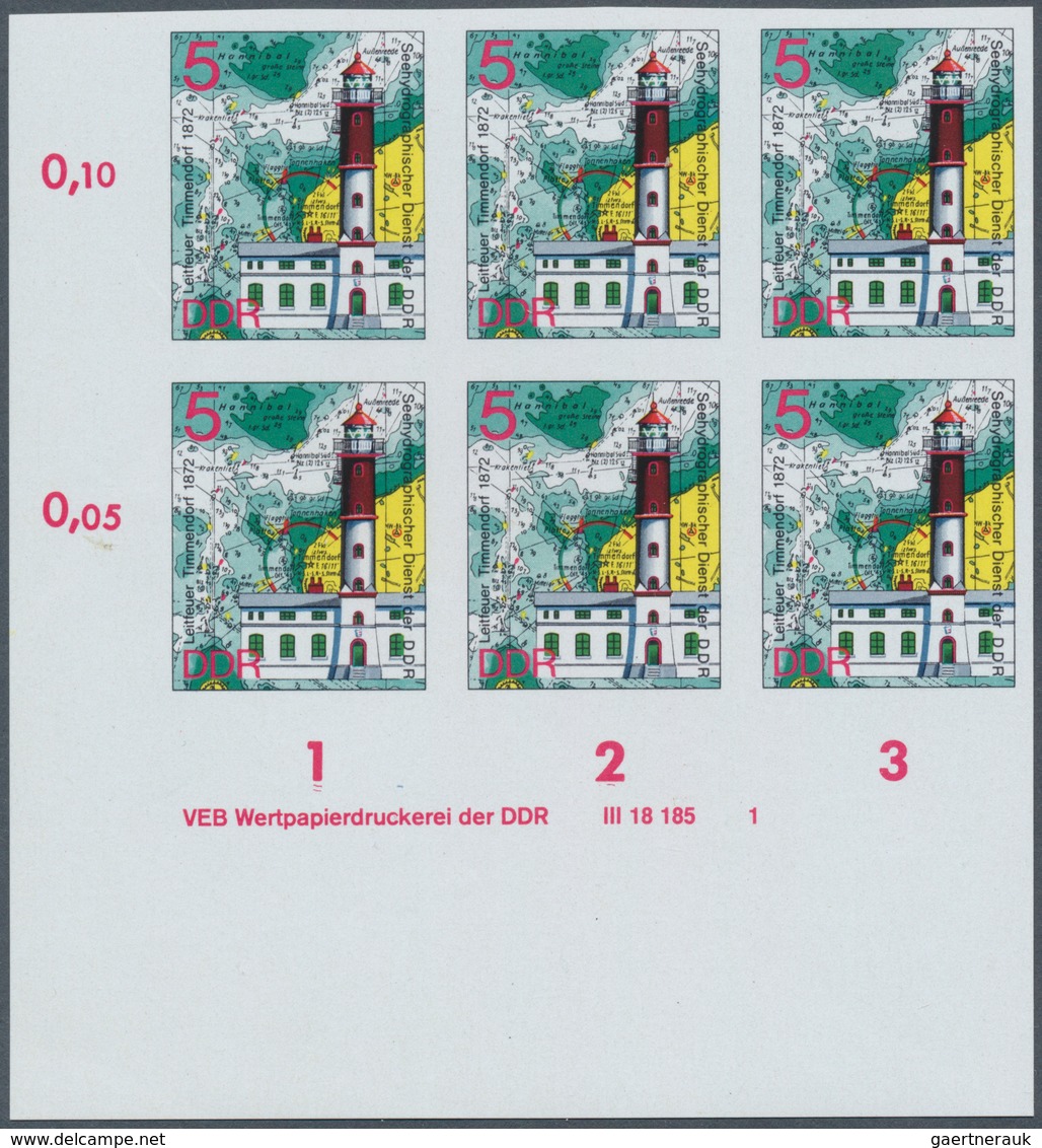 DDR: 1975: DDR Leuchttürme, vier Werte (ohne 25 Pfg) in Originalfarben in ungezähnten 6er Unterrande