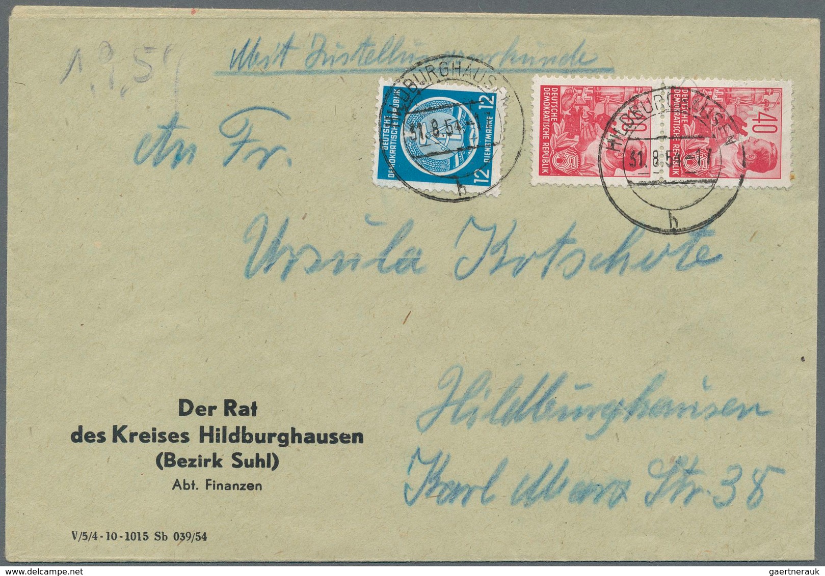 DDR - Dienstmarken A (Verwaltungspost B): 1954, Dienstpostbrief Mit 12 Pf. Zirkelbogen N. Links Und - Sonstige & Ohne Zuordnung