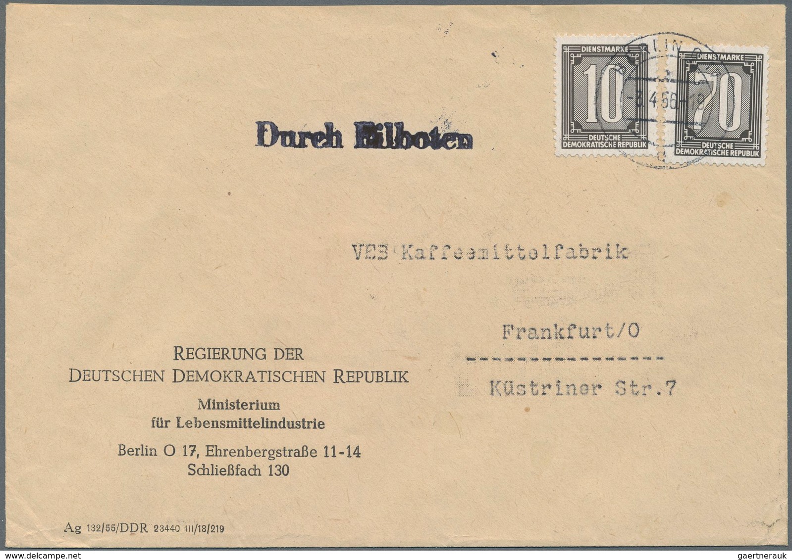 DDR - Dienstmarken B (Verwaltungspost A / Zentraler Kurierdienst): 1956, 70 Pf. Und 10 Pf. Dienstmar - Sonstige & Ohne Zuordnung