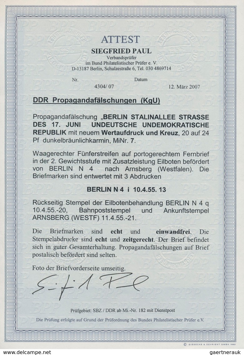 DDR - Propagandafälschungen: 1955, 20 Pf. Auf 24 Pf., KgU-Fälschung Im Waagerechten 5er Streifen, St - Autres & Non Classés