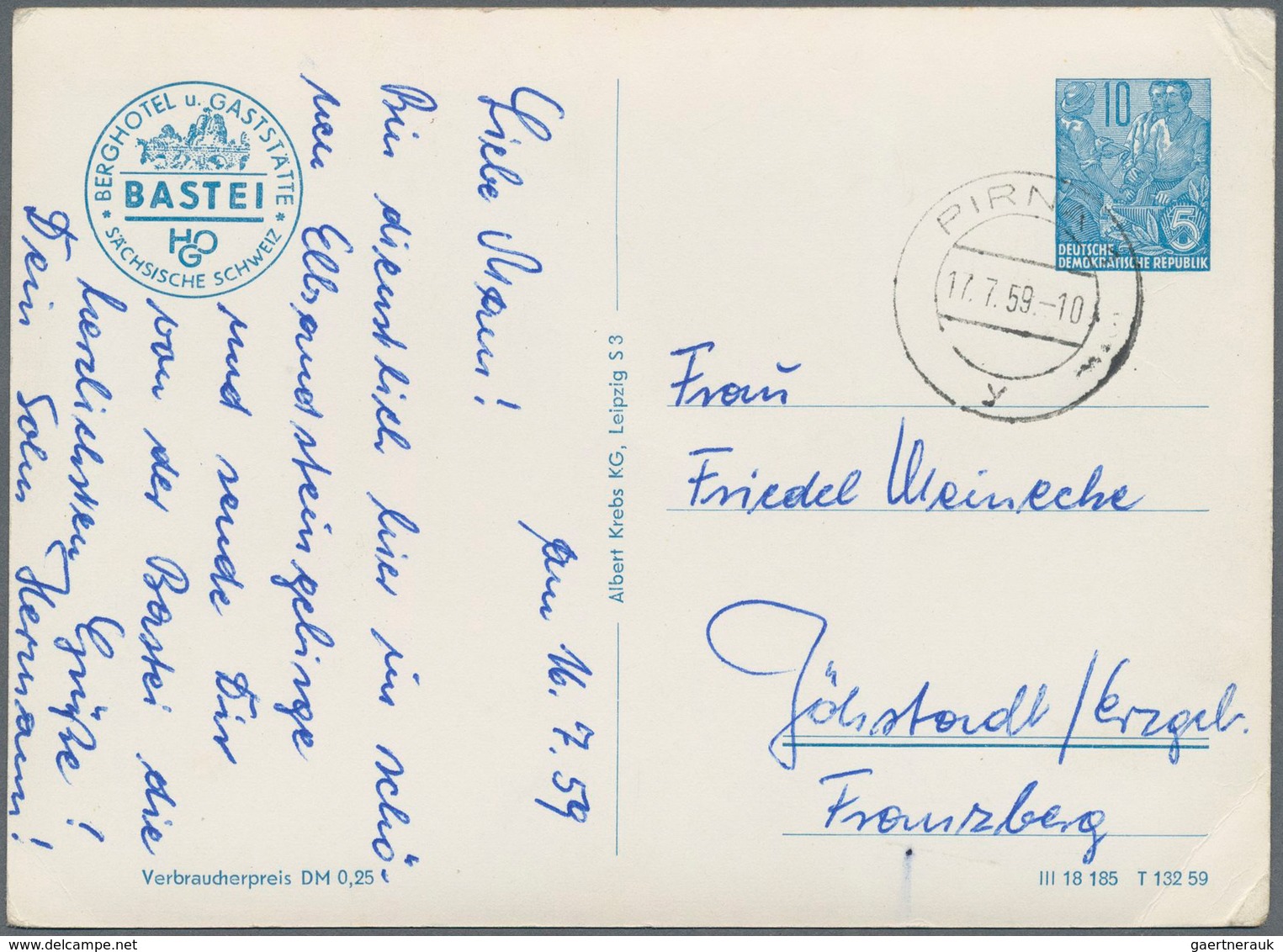 DDR - Ganzsachen: 1959. Privat-Postkarte 10 Pf Fünf-Jahr-Plan, Rs. Mit 8 Foto-Detailbildern "Bastei, - Other & Unclassified