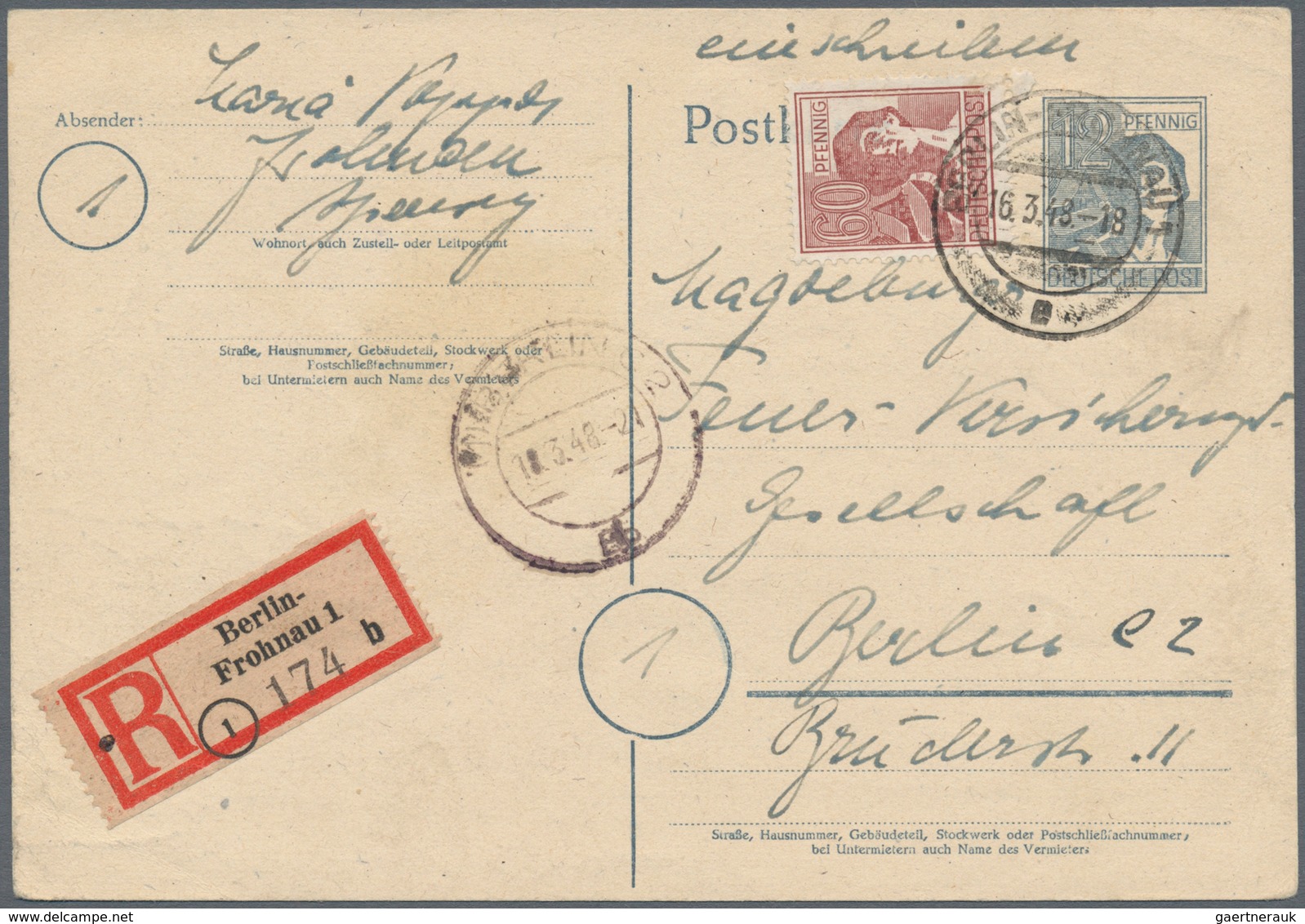 Berlin - Vorläufer: 1948 (16.3.), II. Kontrollratsausgabe Postkarte 12 Pf. Grau Mit 60 Pf. Zufrankie - Covers & Documents