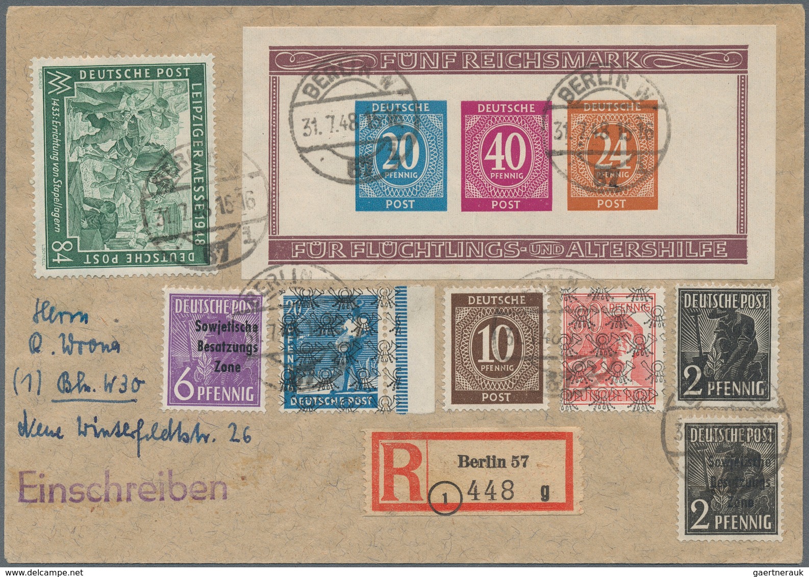 Berlin - Vorläufer: Altershilfe Blockpaar Je Auf Orts-R-Bf. Von Berlin W57 Vom 31.7.48 Nach Berlin W - Lettres & Documents