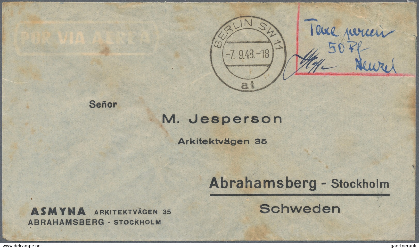 Berlin: 1948: Auslandsbrief Mit Vordruckadresse Asmyna/Jesperson Mit Barfreimachung  Handschr.  Ab B - Covers & Documents