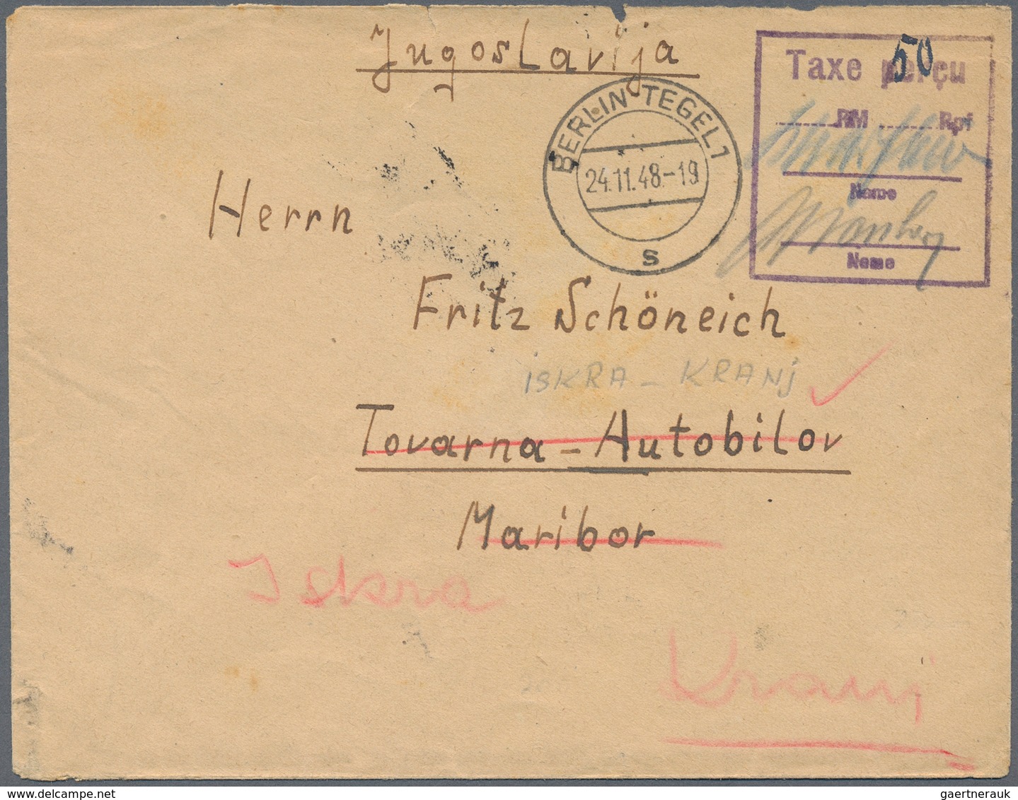 Berlin: 1948: Auslandsbrief Mit Barfreimachung Ra. Taxe Percue  RM  Name/Zeuge Ab Berlin-Tegel 1 =s= - Covers & Documents