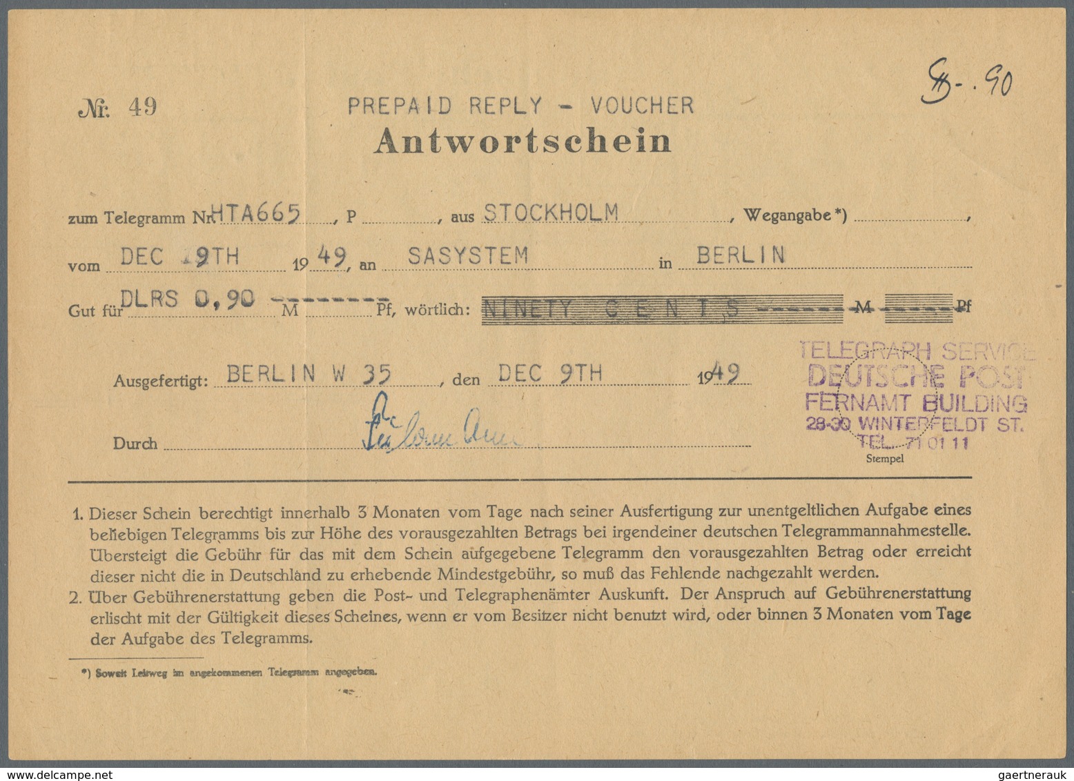 Berlin: 1948/1954, Zwei Verschiedene Gebr. Telegramm-Antwortscheine, Beide Aus Berlin Nach Stockholm - Briefe U. Dokumente