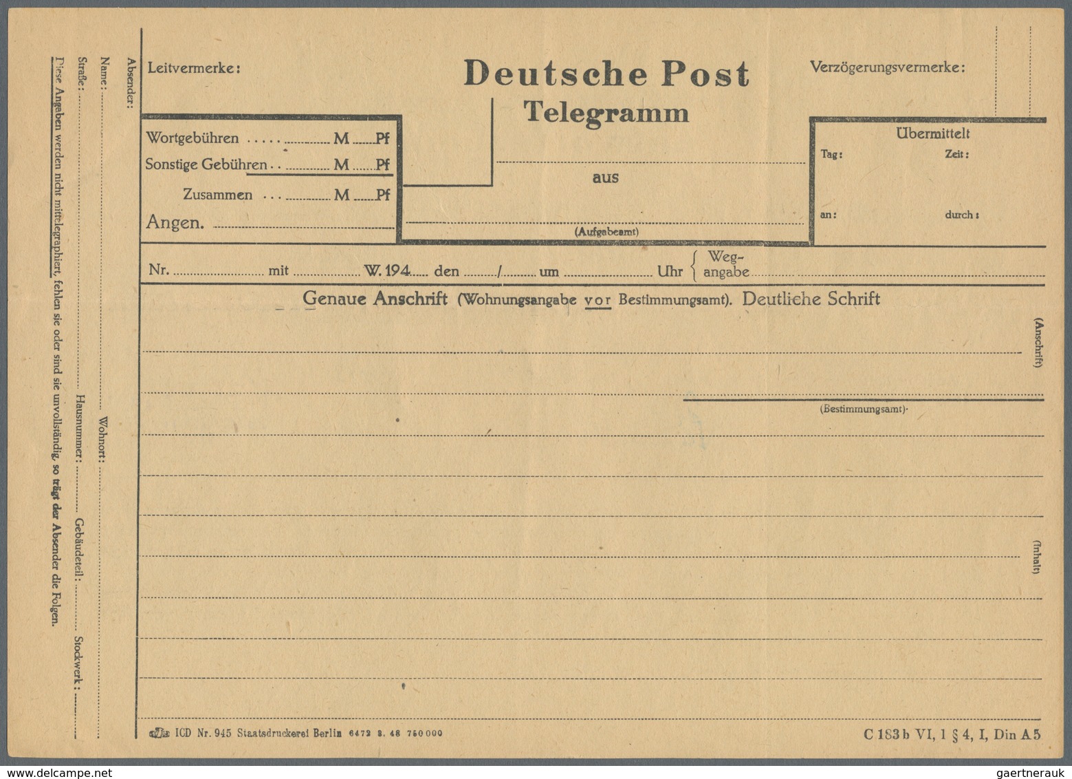 Berlin: 1948/1954, Zwei Verschiedene Gebr. Telegramm-Antwortscheine, Beide Aus Berlin Nach Stockholm - Briefe U. Dokumente