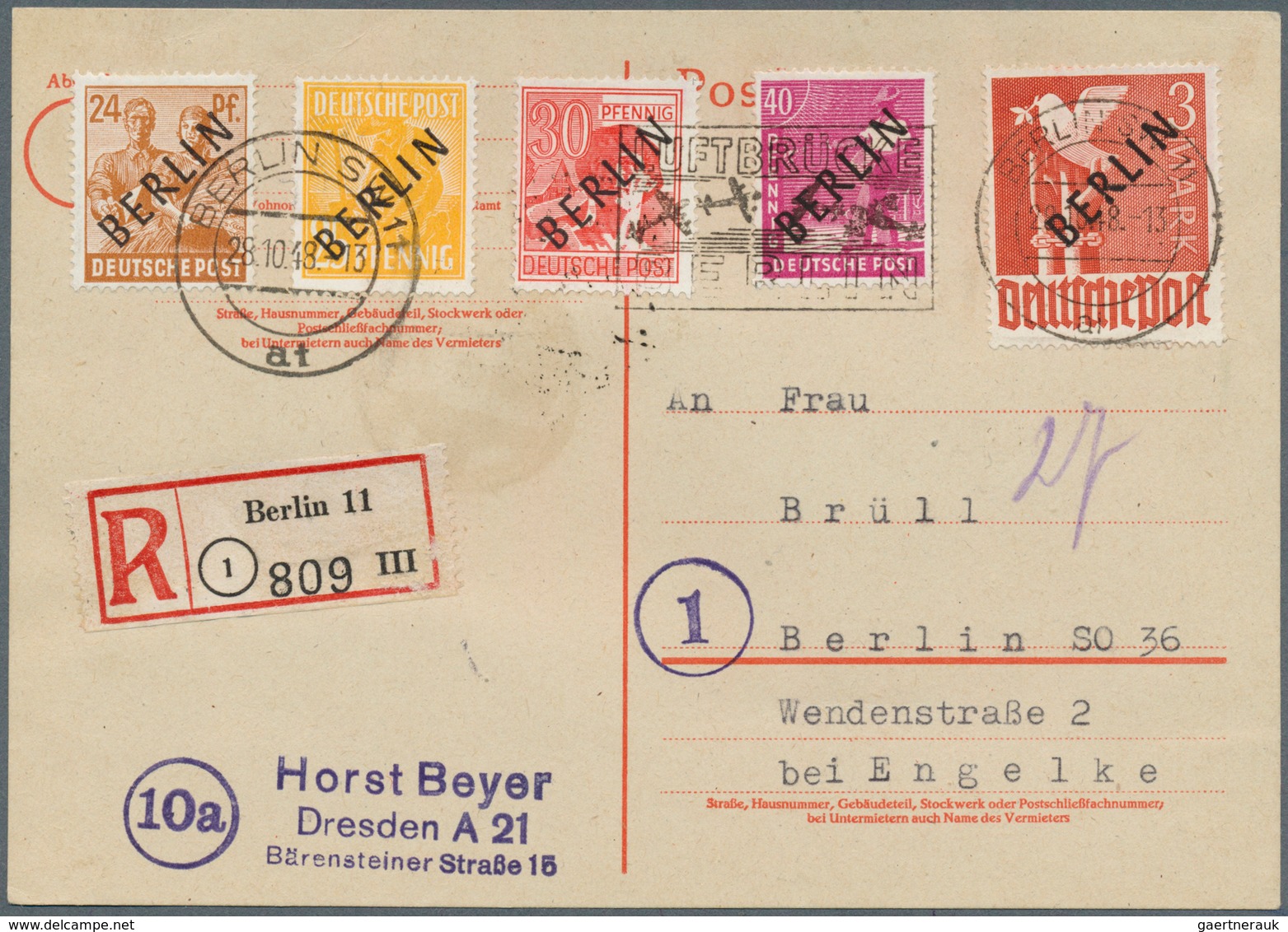 Berlin: 1948, Schwarzaufdruck 2 Pfg. Bis 5 Mark, Kompletter Satz Auf Vier Philatelistischen Orts-R-K - Briefe U. Dokumente