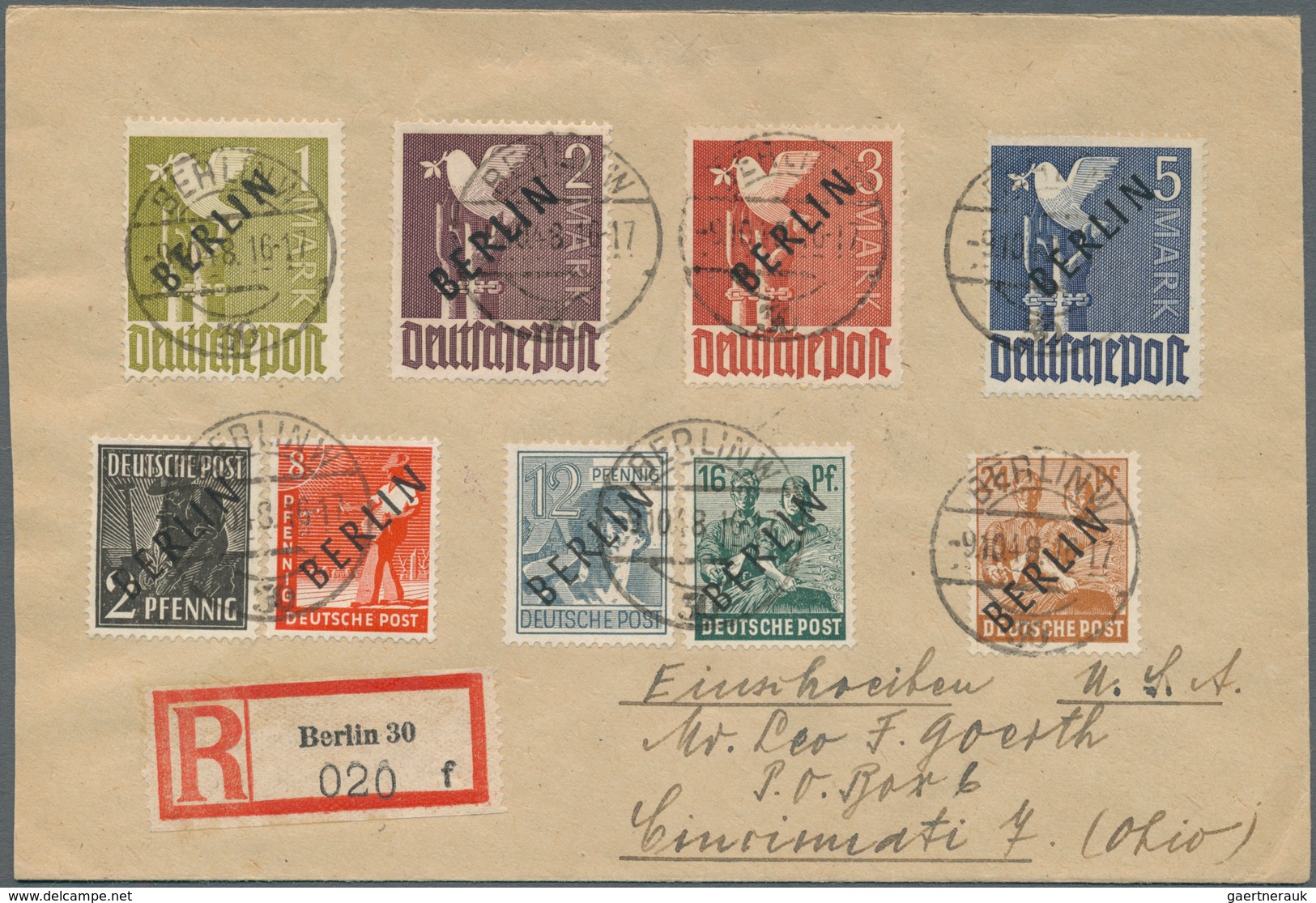 Berlin: 1948, 2 Pfg. Bis 5 M. Schwarzaufdruck Komplett Auf Zwei R-Briefen Von "BERLIN W30 9.10.48" I - Covers & Documents