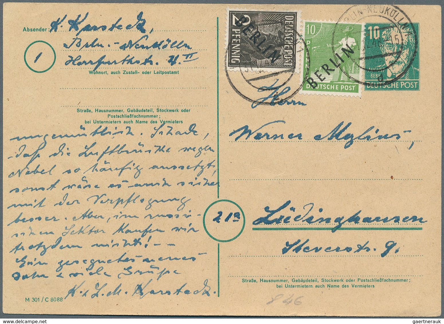 Berlin: 1948, 31.12., Schwarzaufdruck 2 Pf U. 10 Pf Als Zusatzfrankatur Auf Als Formblatt Verwendete - Lettres & Documents