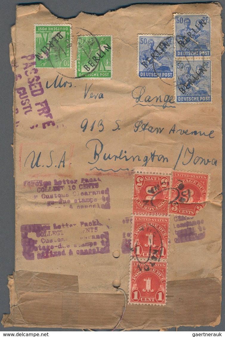 Berlin: 1948, 10 Und 50 Pf Schwarzaufdruck Auf Warenmusterbeutel Nach USA Mit 10 C Nachportomarken, - Briefe U. Dokumente