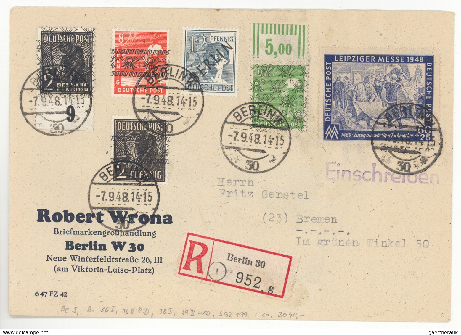 Berlin: 7.9.1948, Einschreibebrief Aus Berlin 30 Mit Mischfrankatur Schwarzaufdruck, SBZ Und Band/Ne - Briefe U. Dokumente