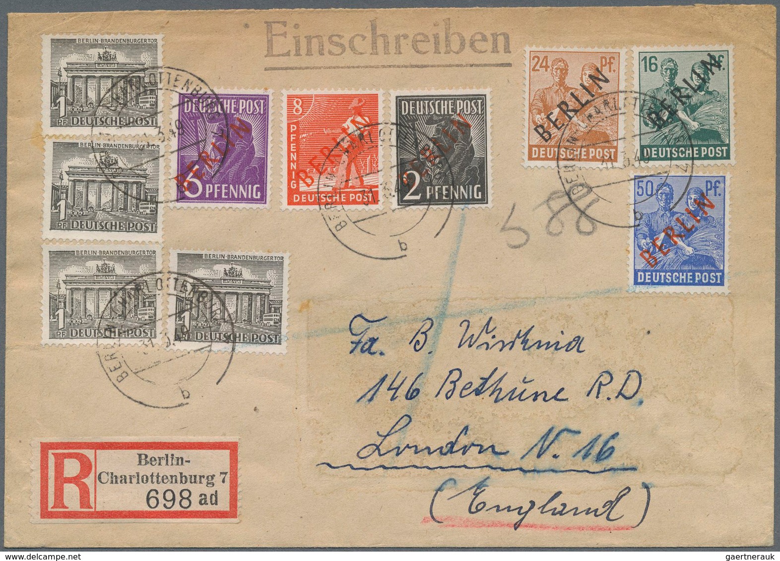 Berlin: 16 U. 24 Pf. Schwarzaufdruck Mit 2-8 U. 50 Pf. Rotaufdruck Sowie 4 Mal 1 Pf. Bauten Zusammen - Lettres & Documents