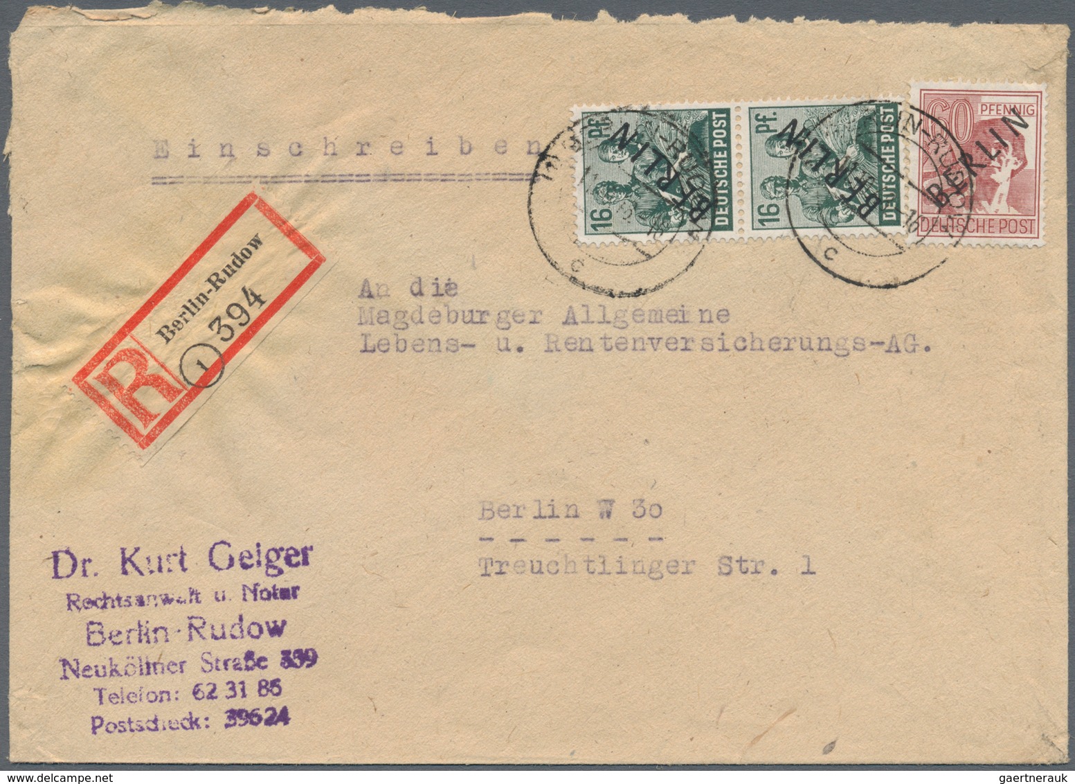 Berlin: 1948, Schwarzaufdruck Zwei R-Briefe Der 1. Und 2. Gewichtsstufe Mit 76 Pf.-Frankatur (60 Pf. - Briefe U. Dokumente