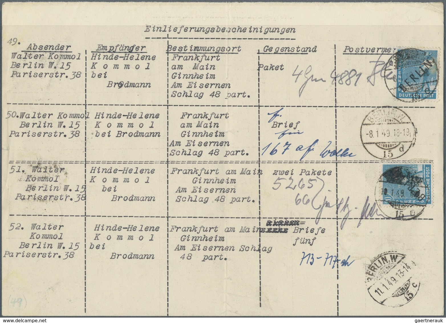 Berlin: 20 Pf. Schwarzaufdruck 2 St. Auf Einlieferungsliste Für 4 Sendungen Von Berlin W15 Vom 8.1.4 - Lettres & Documents