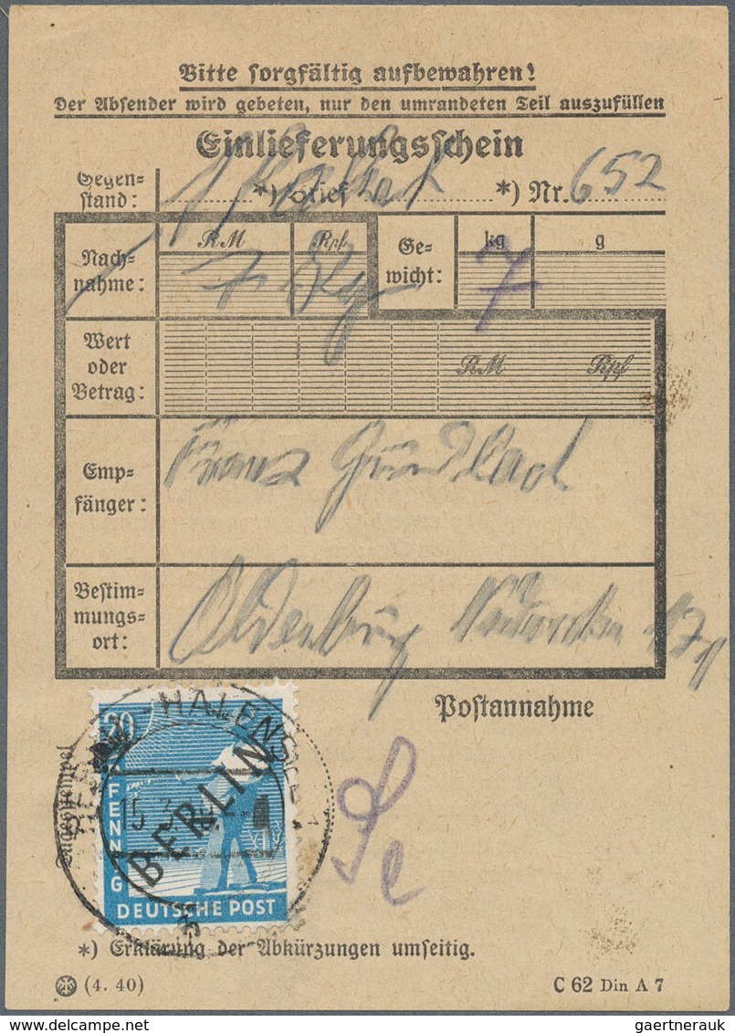 Berlin: 20 Pf. Schwarzaufdruck Auf Einlieferungsschein Für 1 Paket Von Berlin-Halensee  Vom 15.3.49 - Lettres & Documents