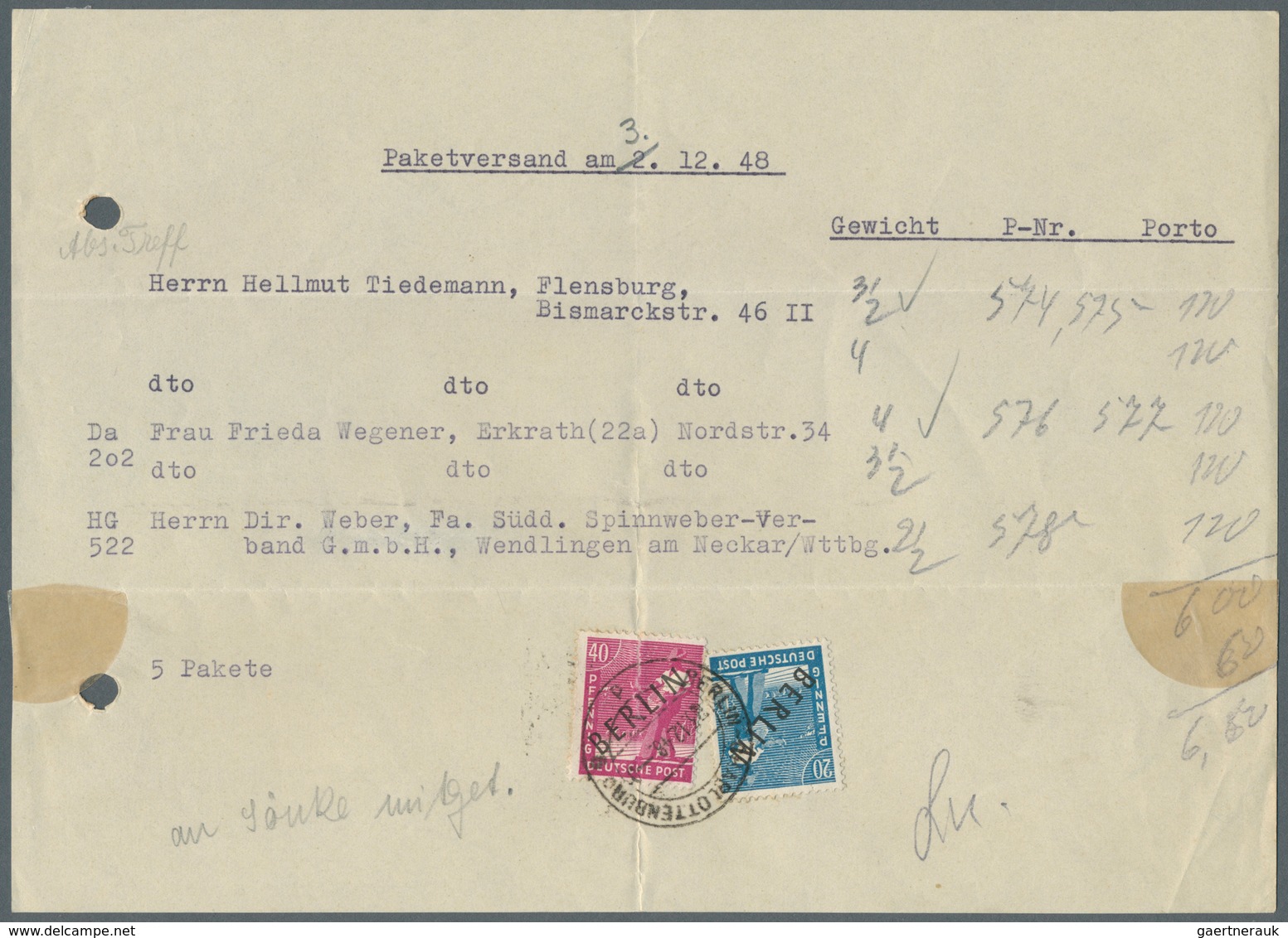 Berlin: 1948: Provisorische Einlieferungsbescheinigung über 5 Pakete An 3 Empfänger. Gebühr Je Empfä - Briefe U. Dokumente