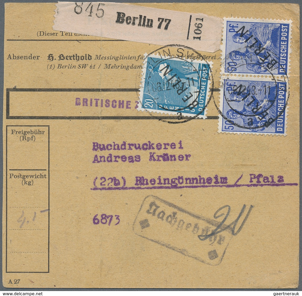 Berlin: 20 U. Paar 50 Pf. Schwarzaufdruck Auf Paketkarte Ab Berlin SW77 Vom 6.12.48 Nach Rheingönnhe - Briefe U. Dokumente