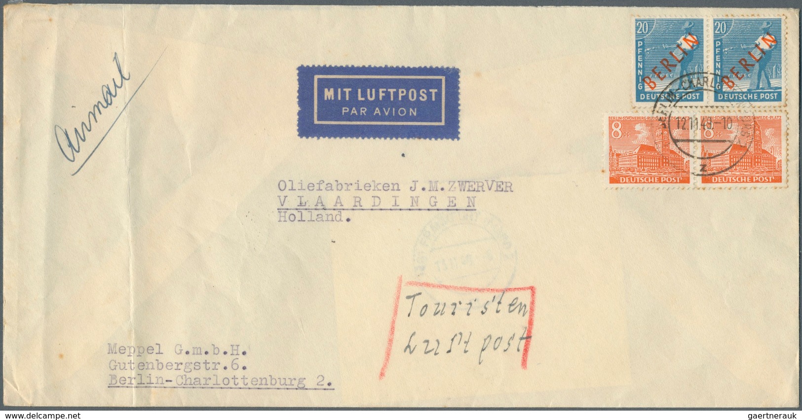 Berlin: 1949: Langumschlag Als TOURISTENLUFTPOST EUROPA 55 Pf. Mit 2 X 20 Pf. Rotaufdruck Und 2 X 8 - Lettres & Documents