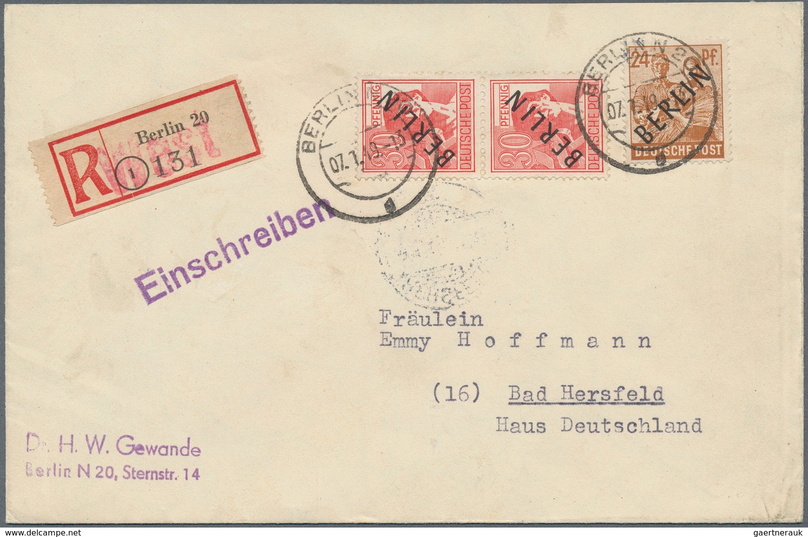 Berlin: 24 U.Paar 30 Pf. Schwarzaufdruck Zusammen Auf R-Bf. Ab Berlin N20 Vom 7.1.49 Nach Bad Hersfe - Covers & Documents
