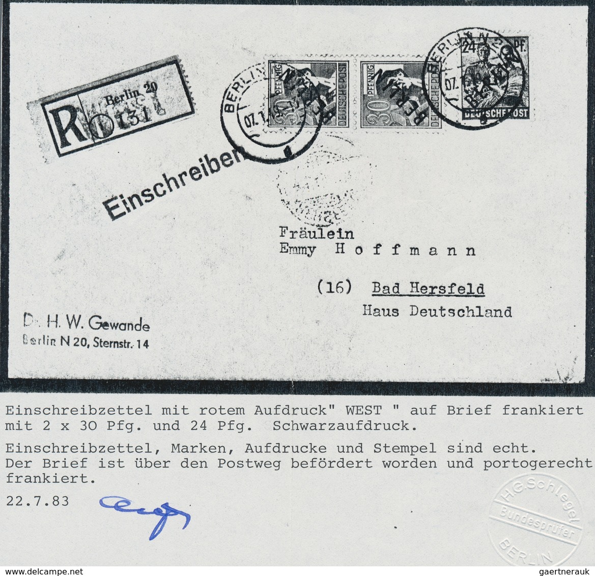 Berlin: 24 U.Paar 30 Pf. Schwarzaufdruck Zusammen Auf R-Bf. Ab Berlin N20 Vom 7.1.49 Nach Bad Hersfe - Covers & Documents