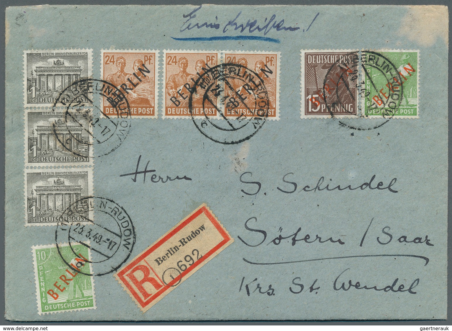 Berlin: 1949: Auslandsbrief Einschreiben DM 1,10 Ins Saargebiet Mit MiF Schwarz-Rot-Bauten I. 3 X 24 - Covers & Documents