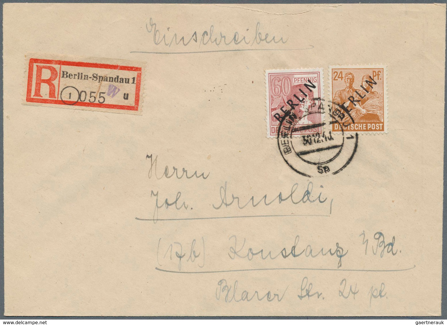 Berlin: 1948: 24 Und 40 Pf Scharzaufdruck Zusammen Auf Brief Ab Berlin-Spandau Vom 30.12.48 Nach Kon - Lettres & Documents