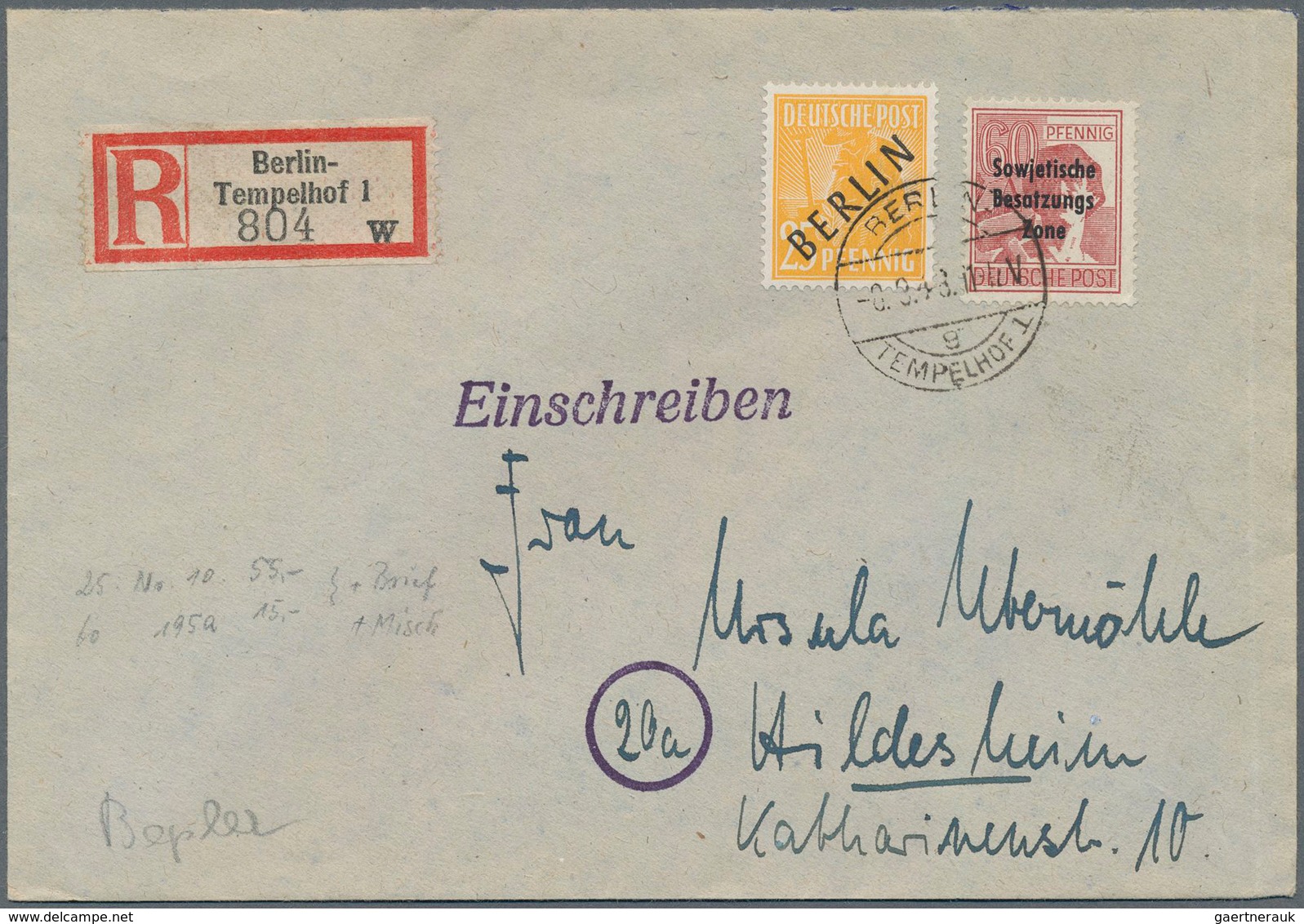 Berlin: 1948, 25 Pf Schwarzaufdruck Mit 60 Pf SBZ Mit Maschinenaufdruck Als Mitläufer Auf R-Brief Ab - Lettres & Documents