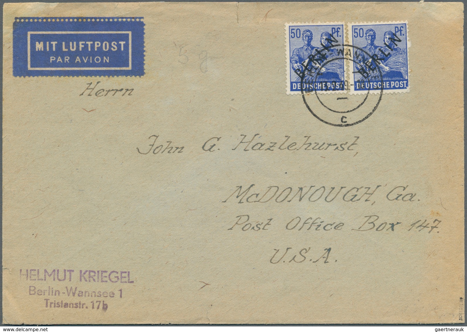Berlin: 1949: Luftpostbrief Als ERSATZAEROGRAMM Mit 2 X 50 Pf. Schwarzaufdruck – Eine Marke Unvollko - Briefe U. Dokumente