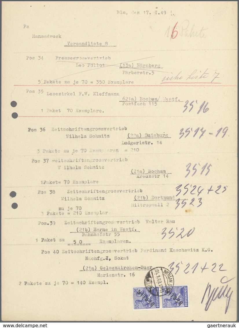 Berlin: 50 Pf. Schwarzaufdruck Im Paar Auf Selbst Gefertigte Einlieferungsliste über 16 Pakete An 7 - Briefe U. Dokumente