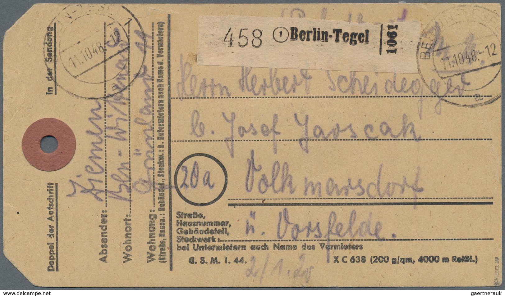 Berlin: 60 Pf. Schwarzaufdruck Im Paar Als MeF Rücks. Auf Paketanhänger Ab Berlin-Tegel Vom 11.10.48 - Briefe U. Dokumente