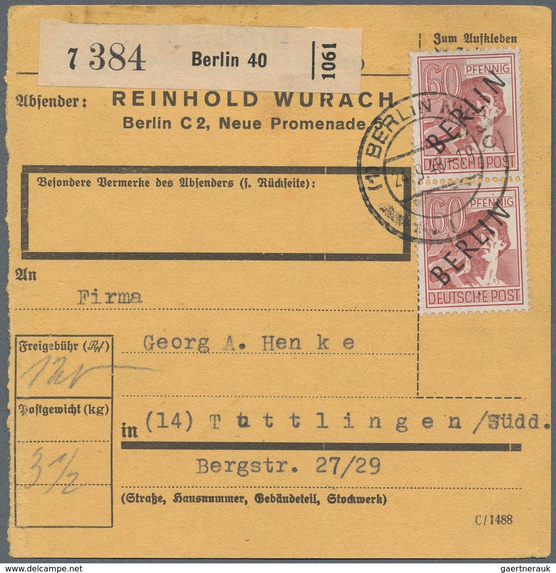Berlin: 60 Pf. Schwarzaufdruck Im Paar Als MeF Auf Paketkarte Ab Berlin NW 40 Vom 24.9.48 Nach Tuttl - Briefe U. Dokumente