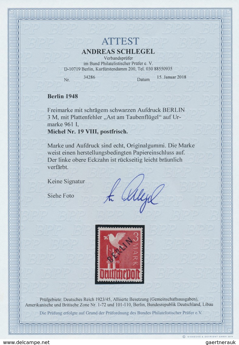 Berlin: 1948, Freimarke 3 M Mit Schwarzem Aufdruck "BERLIN" Und Abart "Ast Am Taubenflügel" Marke Po - Briefe U. Dokumente