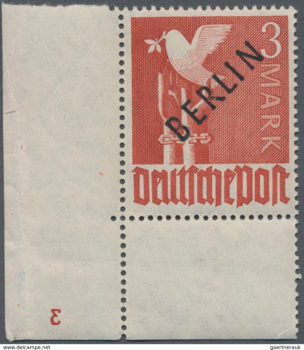 Berlin: 1948, 3 M Schwarzaufdruck, Eckrandstück Unten Links Mit Plattennummer "3" In Spiegelschrift, - Covers & Documents