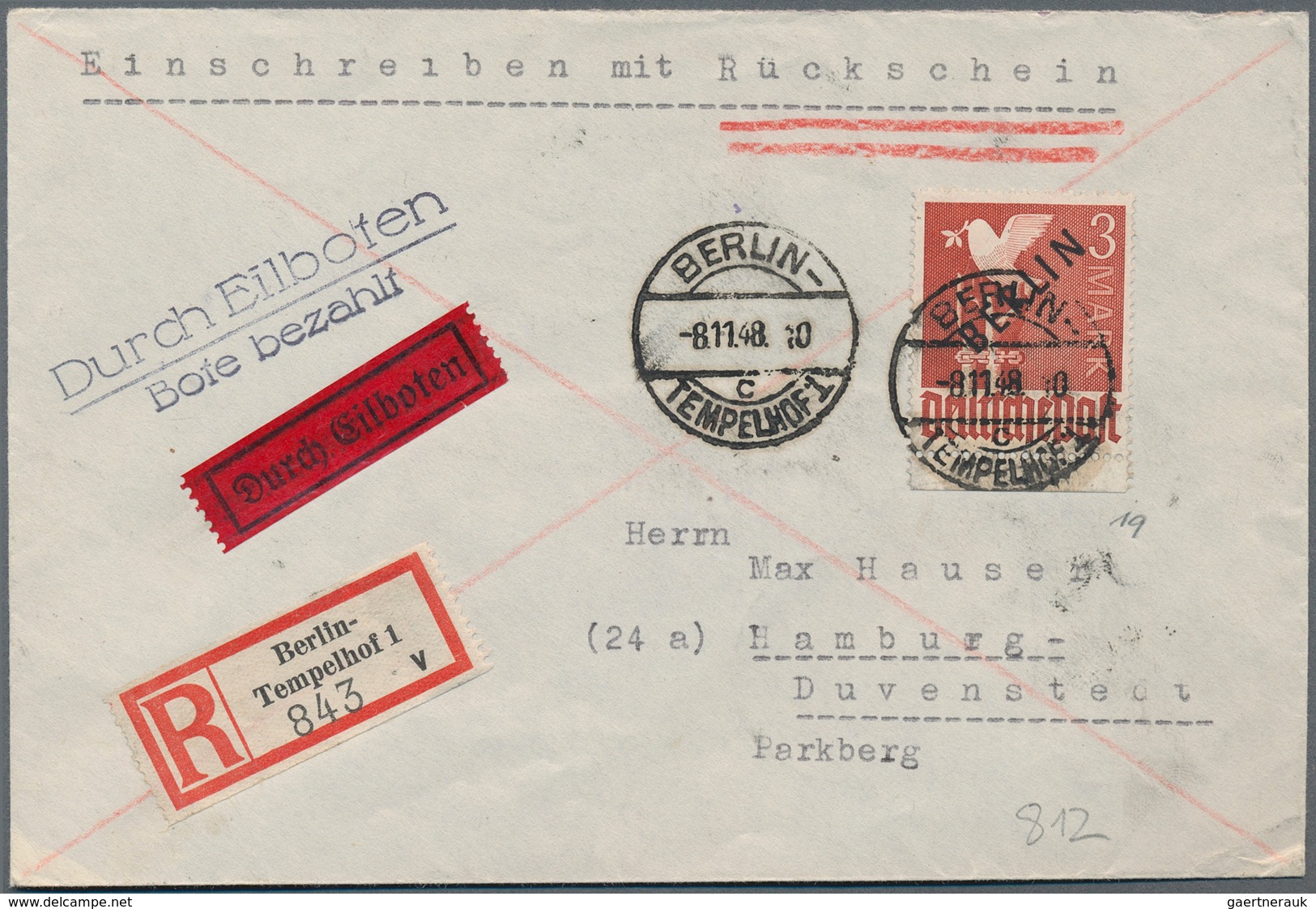 Berlin: 1948, 3 M Schwarzdruck Auf überfrankiertem Eil-R-Brief Mit Rückschein Ab "BERLIN TEMPELHOF 1 - Covers & Documents