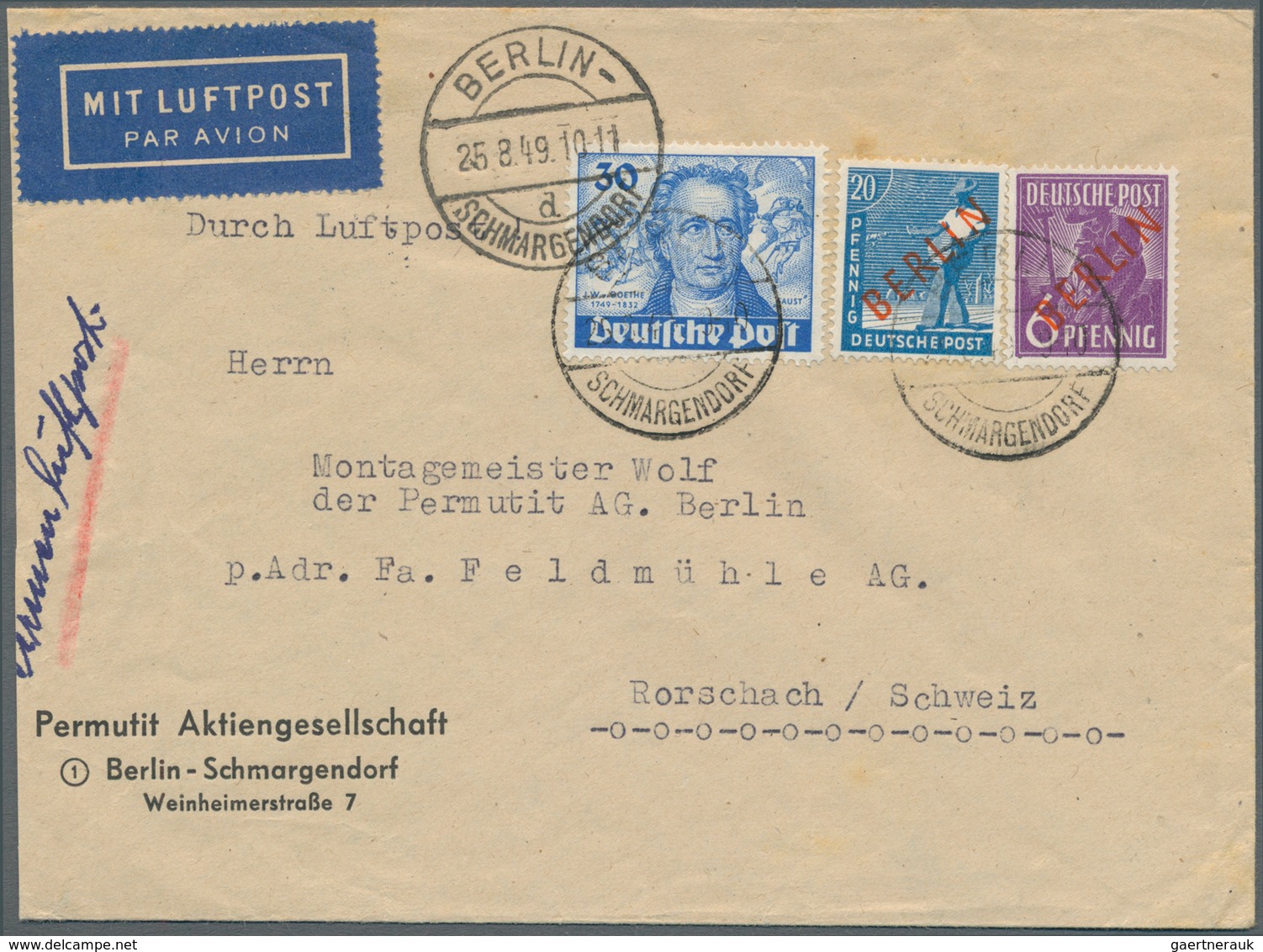 Berlin: 1949: Umschlag FIRMENLUFTPOST Europa 55 Pf. Tarif II Mit 6 Und 20 Pf. Rotaufdruck, Dazu 30 P - Lettres & Documents