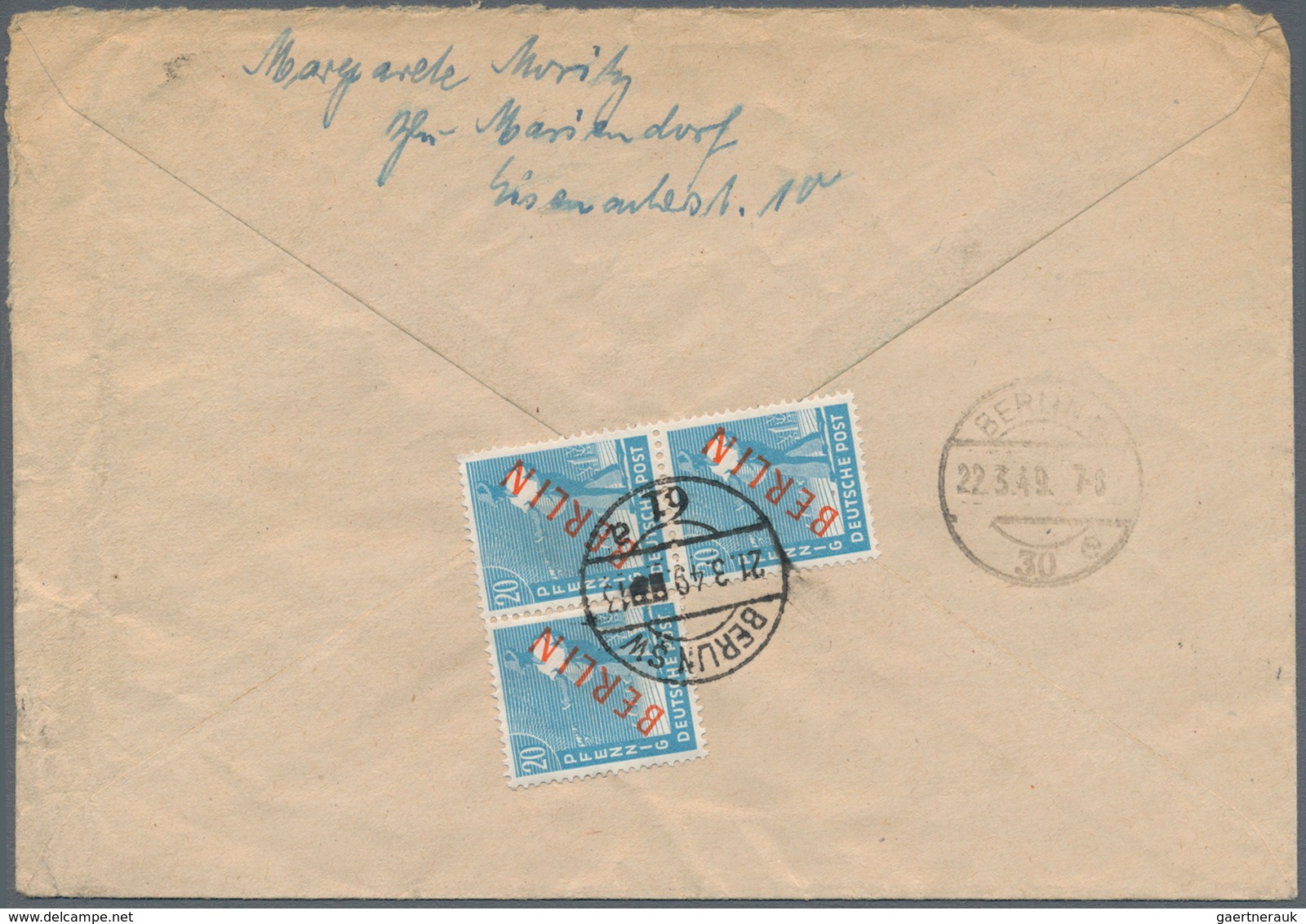 Berlin: 1949, Rotaufdruck 10 Pf., 6 Pf. Sowie 3 X 20 Pf. (Dreierstreifen Oder Rs. 'Dreierblock') Jew - Covers & Documents