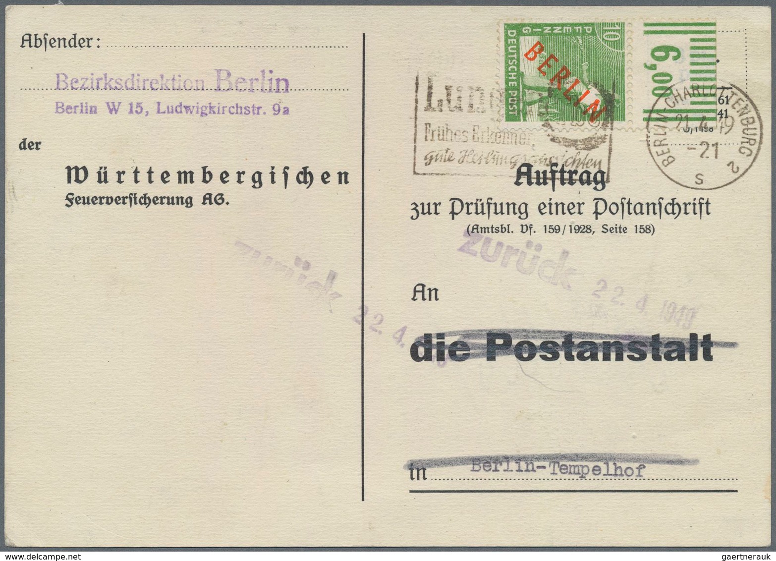Berlin: 10 Pf. Rotaufdruck Vom Oberrand Im Walzendruck Als EF Auf Auftrag Zur Prüfung Einer Postansc - Covers & Documents