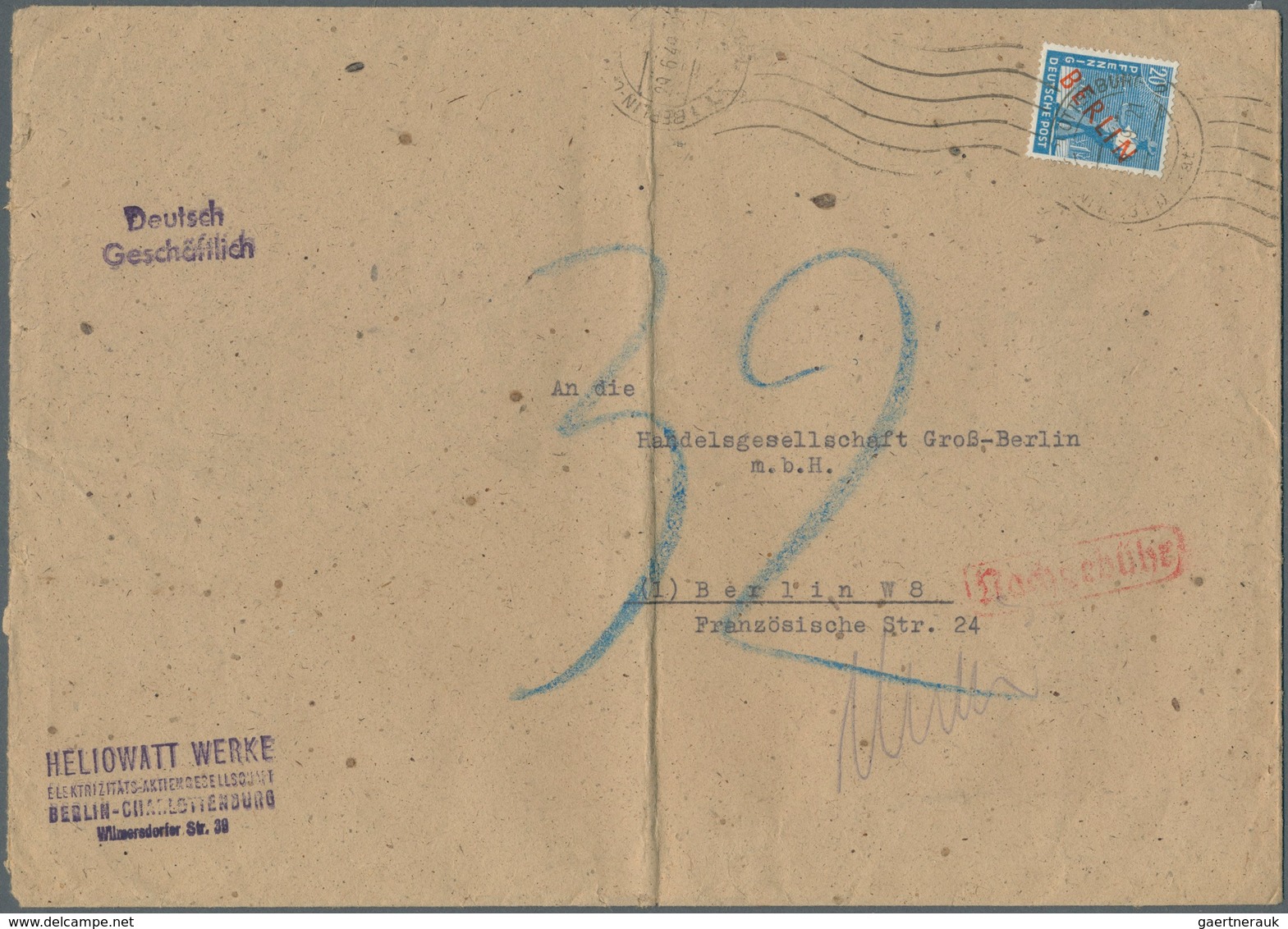 Berlin: 1949: Umschlag Ca. 23 X 16,4 Cm Als Orts-Doppelbrief Tarif II  20 Pf. Mit 20 Pf. Rotaufdruck - Covers & Documents