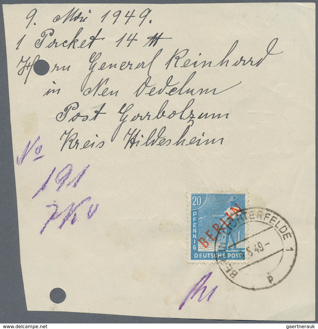 Berlin: 1949: Provisorischer Einlieferungsschein über Ein Paket, Gebühr Für Die Bescheinigung Mit 20 - Briefe U. Dokumente