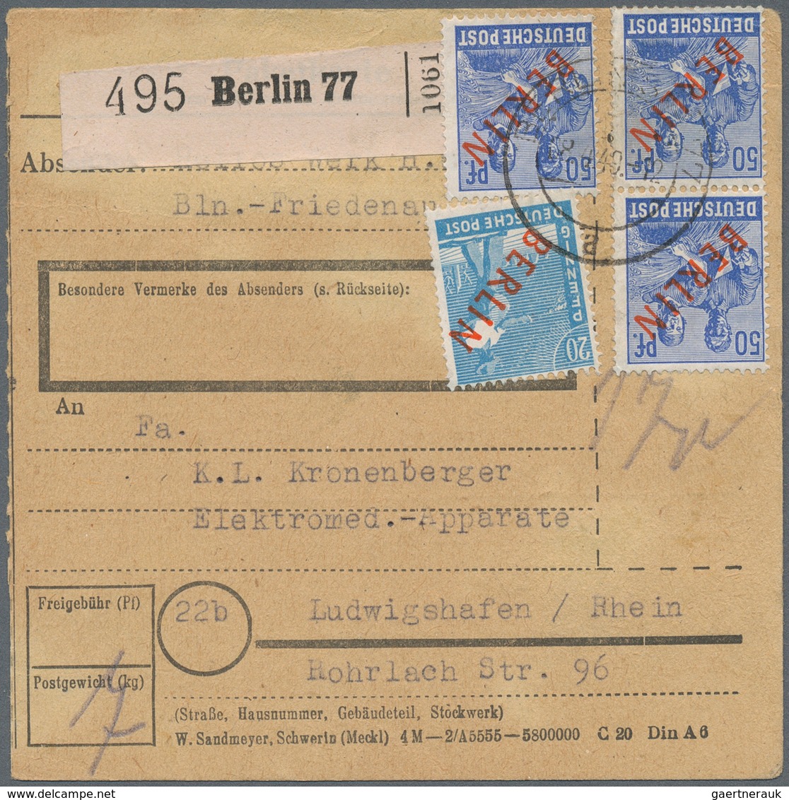 Berlin: 20 U. 3 Mal 50 Pf. Rotaufdruck Zusammen Auf Paketkarte Ab Berlin SW 77 Vom 8.4.49 Nach Ludwi - Covers & Documents