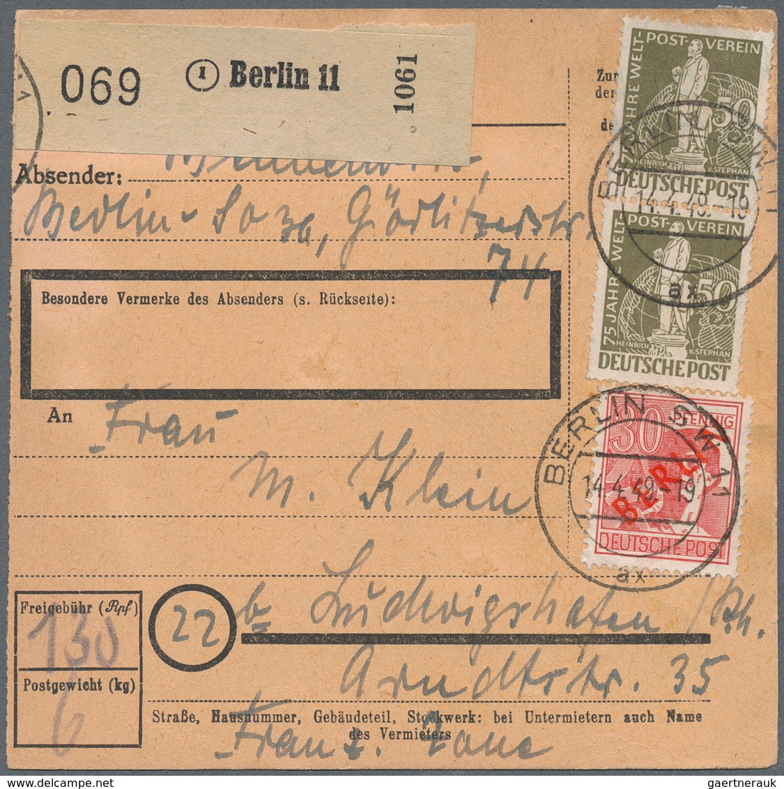 Berlin: 30 Pf. Rotaufdruck Mit Paar 50 Pf. Stephan Zusammen Auf Paketkarte Ab Berlin SW 11 Vom 14.4. - Covers & Documents
