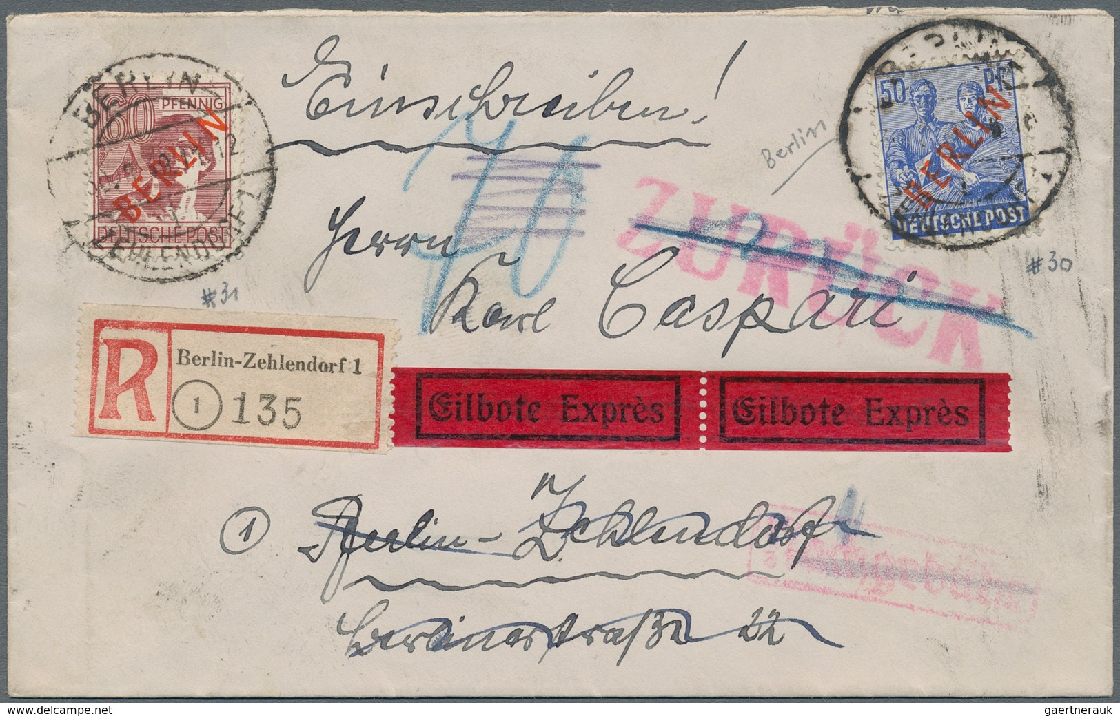 Berlin: 1949, 50 Und 60 Pf Rotaufdruck Auf R-Eilb.-Orts-Brief In Zehlendorf, Zwei Rote L1/Ra1 "ZURÜC - Covers & Documents