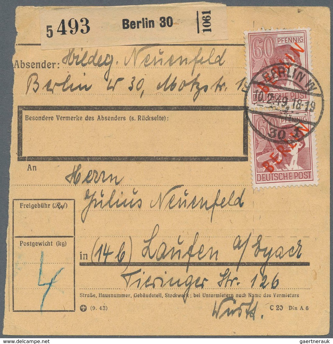 Berlin: 60 Pf. Rotaufdruck Im Paar Als MeF Auf Paketkarte Ab Berlin W30 Vom 10.2.49 Nach Laufen - Covers & Documents