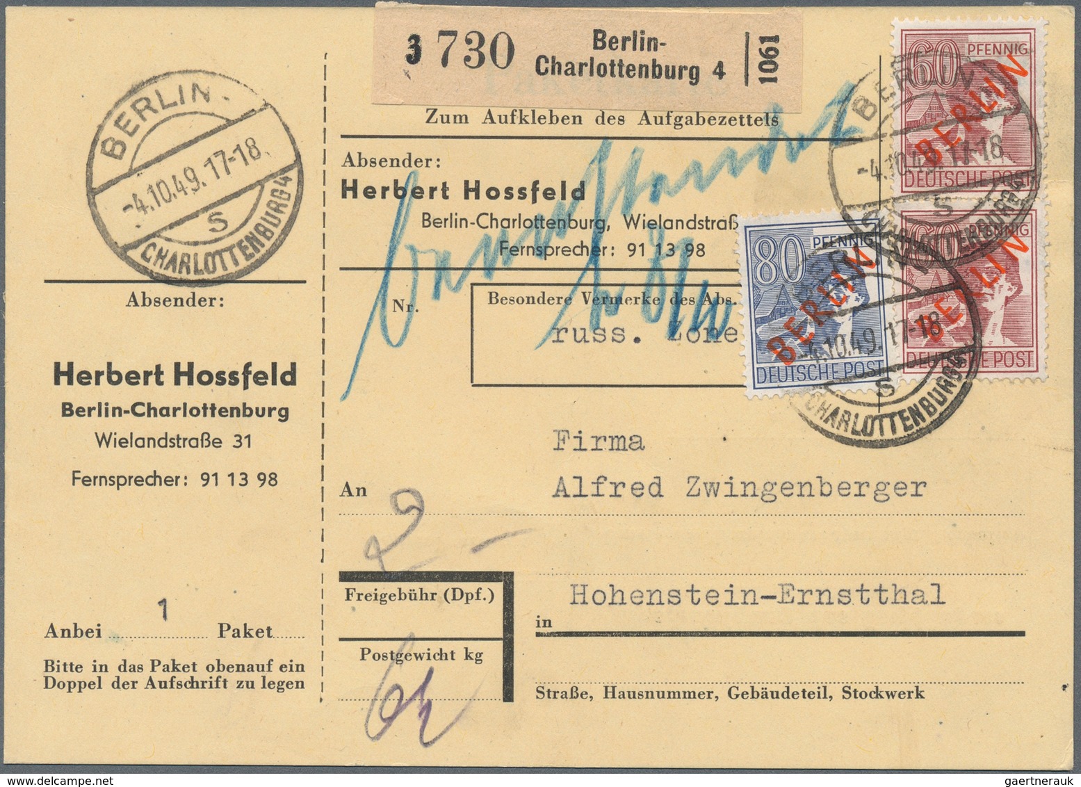 Berlin: 60(Paar) U. 80 Pf. Rotaufdruck Zusammen Auf Paketkarte Ab Berlin-Charlottenburg Vom 4.10.49 - Covers & Documents