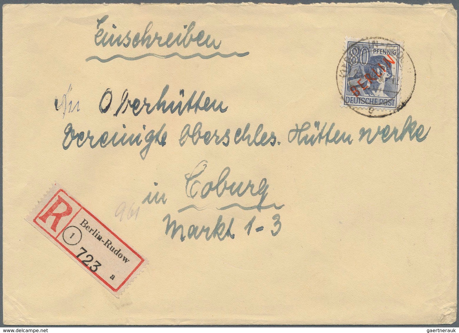 Berlin: 80 Pf. Rotaufdruck Als EF Auf R-Doppelbf. Ab Berlin-Rudow Vom 25.10.49 Nach Coburg Gute EF! - Lettres & Documents
