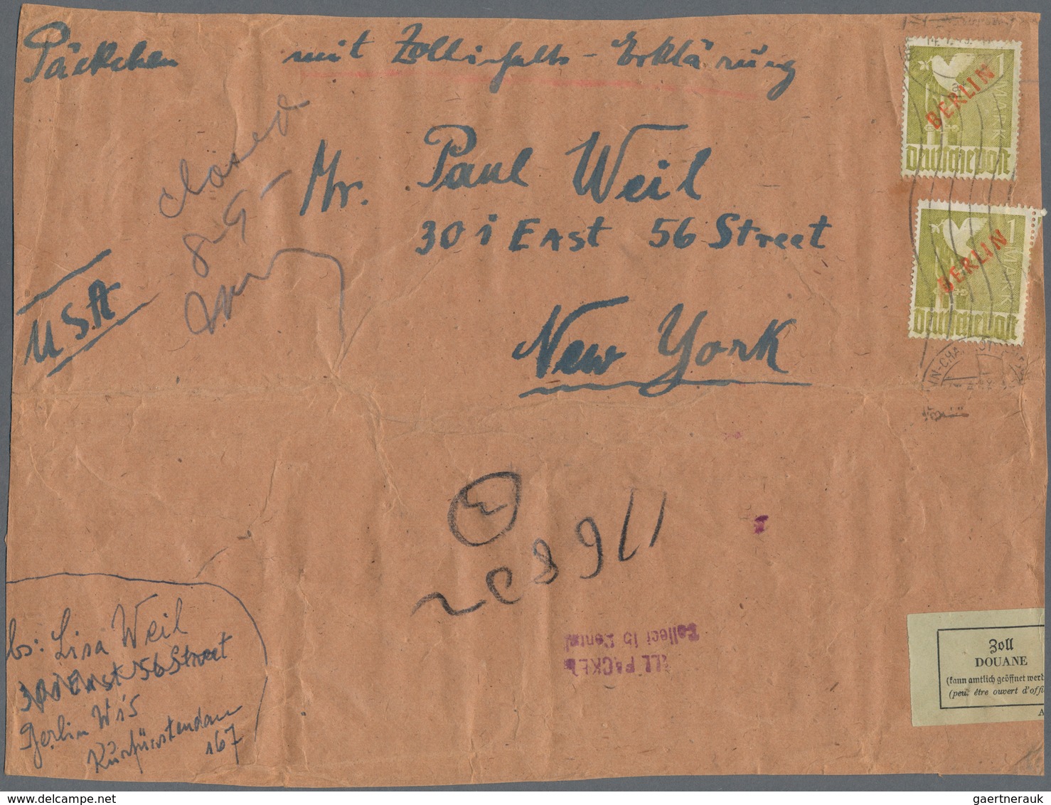 Berlin: 1949: 1 DM Rotaufdruck Als MeF Auf Gr. Anschriftenteil Eines Übersee-Päckchens Ab Berlin-Cha - Covers & Documents