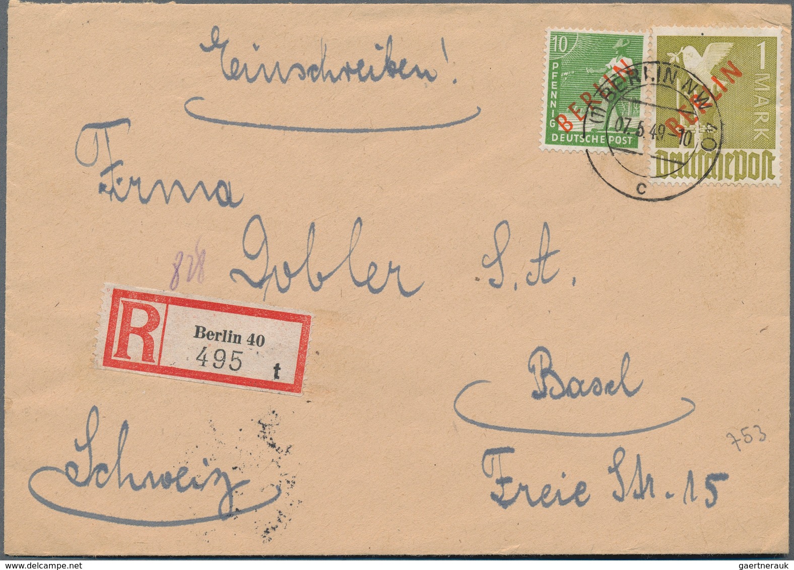 Berlin: 1948, 1 M. Rotaufdruck Und Zusatzfrankatur Auf Portogerechtem R-Auslandsbrief Ab "BERLIN NW - Lettres & Documents